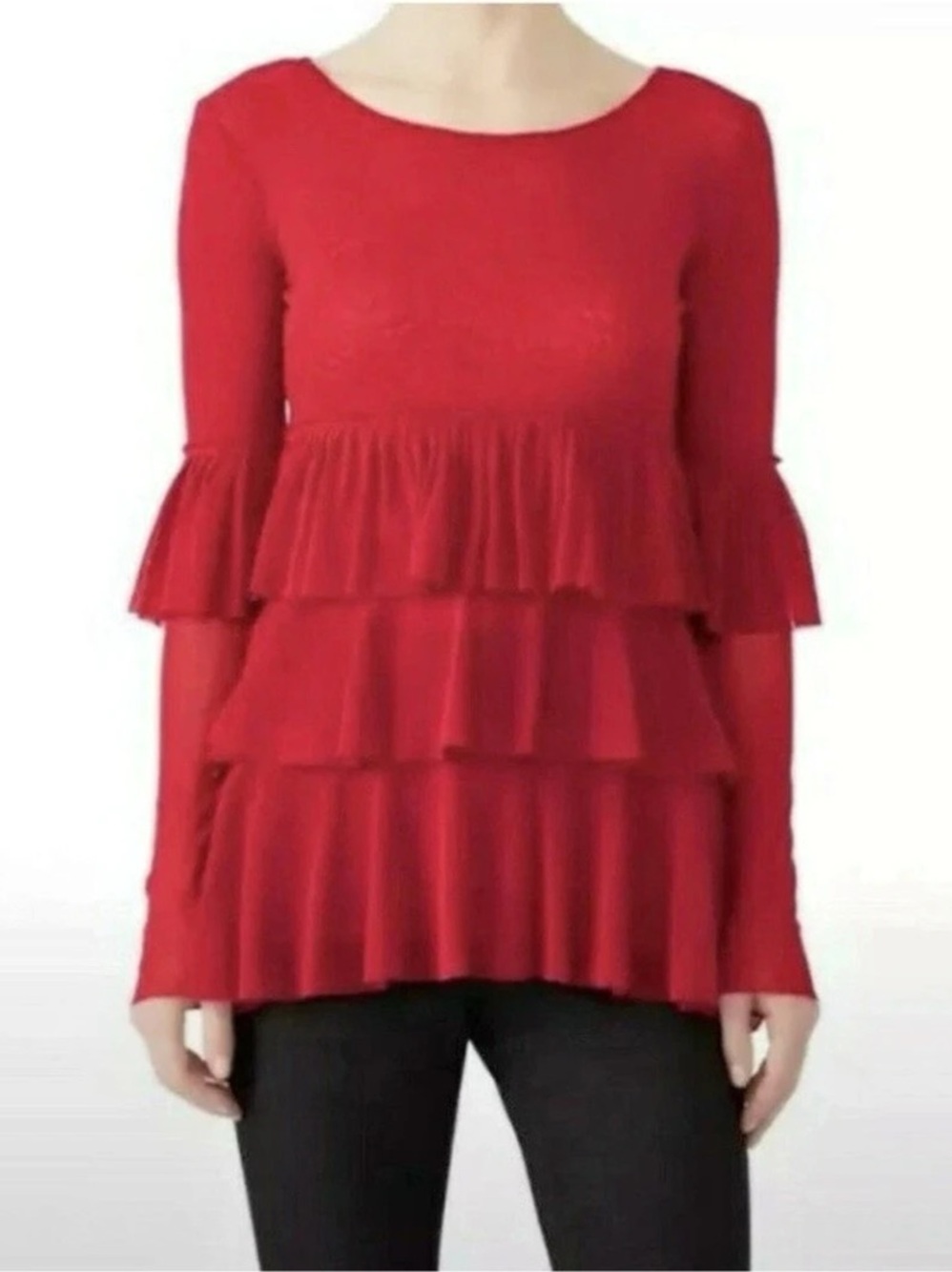 Jean Paul Gaultier Fuzzi Red Mesh Tiered Ruffle Long Sleeve Blouse Size XS Like